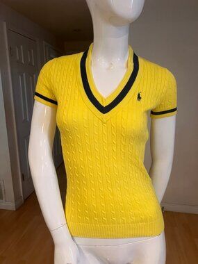 VTG Y2K RALPH LAUREN SPORT PREPPY CABLE KNIT CRICKET V-NECK SWEATER SZ S